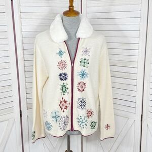 Karen Scott Vintage Snowflake Faux Fur Collar Wool Cardigan Sweater Cream Medium